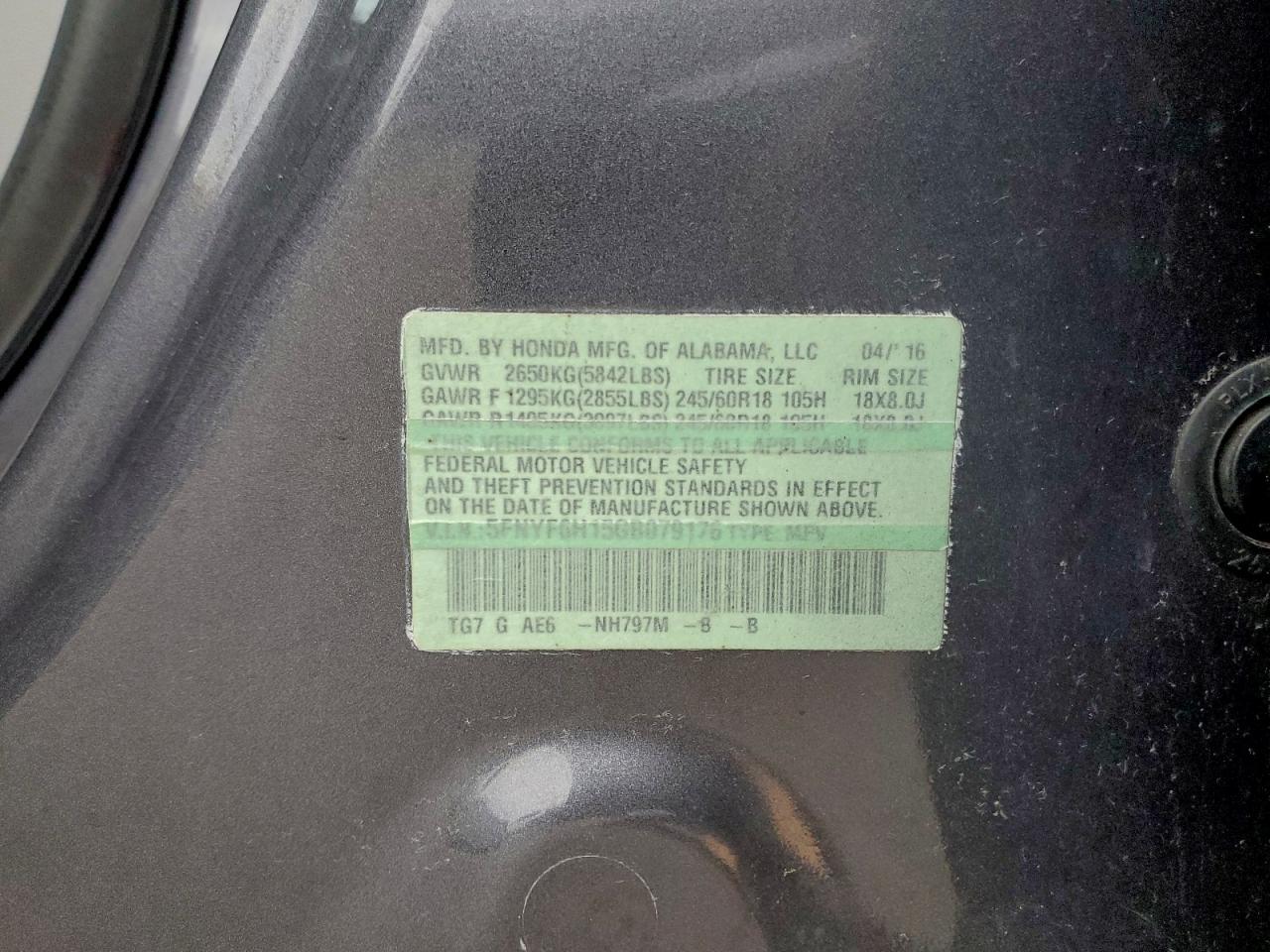 2016 Honda Pilot Lx VIN: 5FNYF6H15GB079176 Lot: 93904505