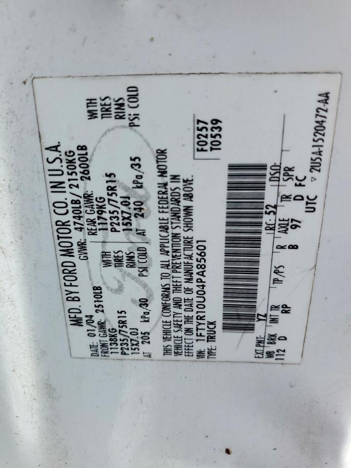 2004 Ford Ranger VIN: 1FTYR10U04PA85601 Lot: 92625745