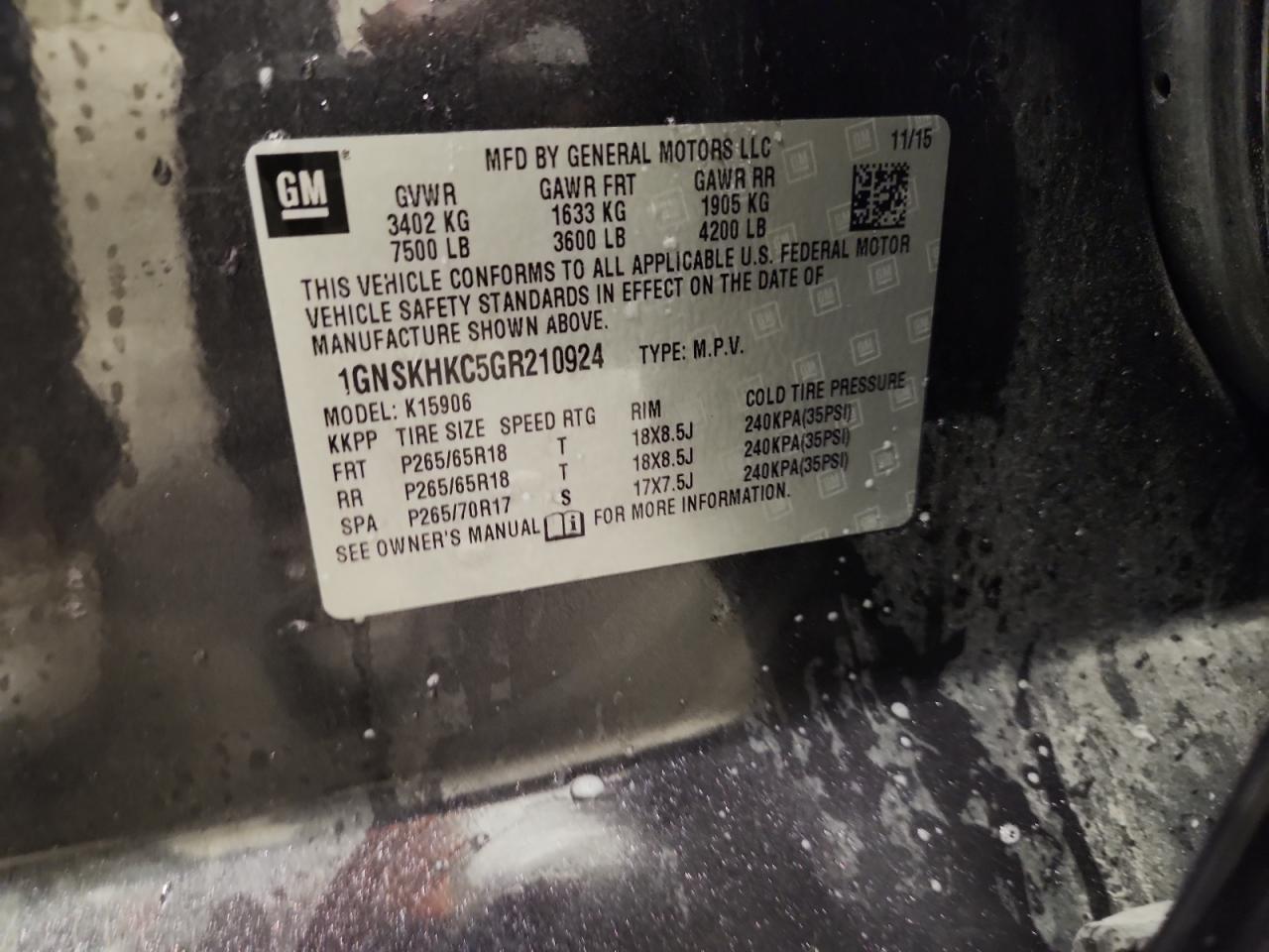 2016 Chevrolet Suburban K1500 Lt VIN: 1GNSKHKC5GR210924 Lot: 91492335