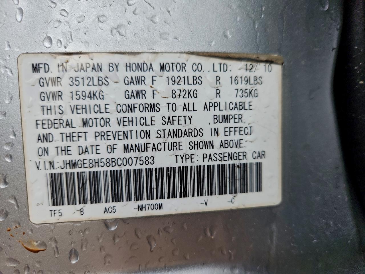 2011 Honda Fit Sport VIN: JHMGE8H58BC007583 Lot: 93693085