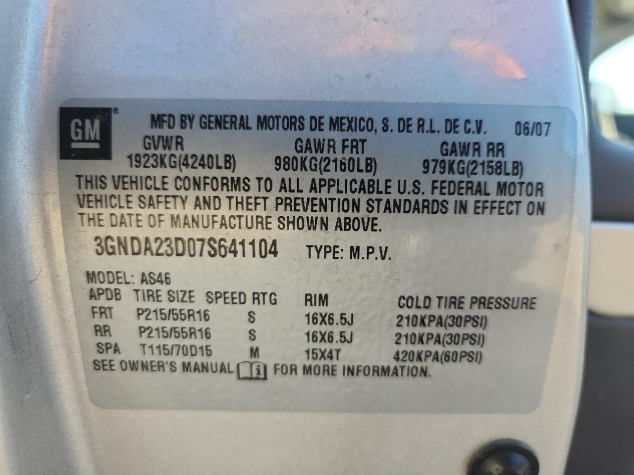 2007 Chevrolet Hhr Lt VIN: 3GNDA23D07S641104 Lot: 92930275