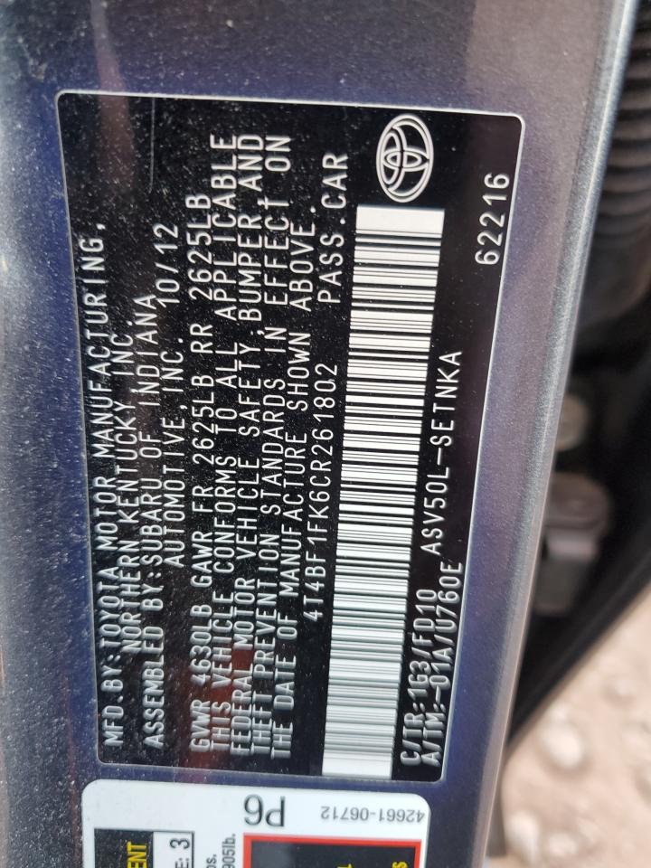 2012 Toyota Camry Base VIN: 4T4BF1FK6CR261802 Lot: 93218045