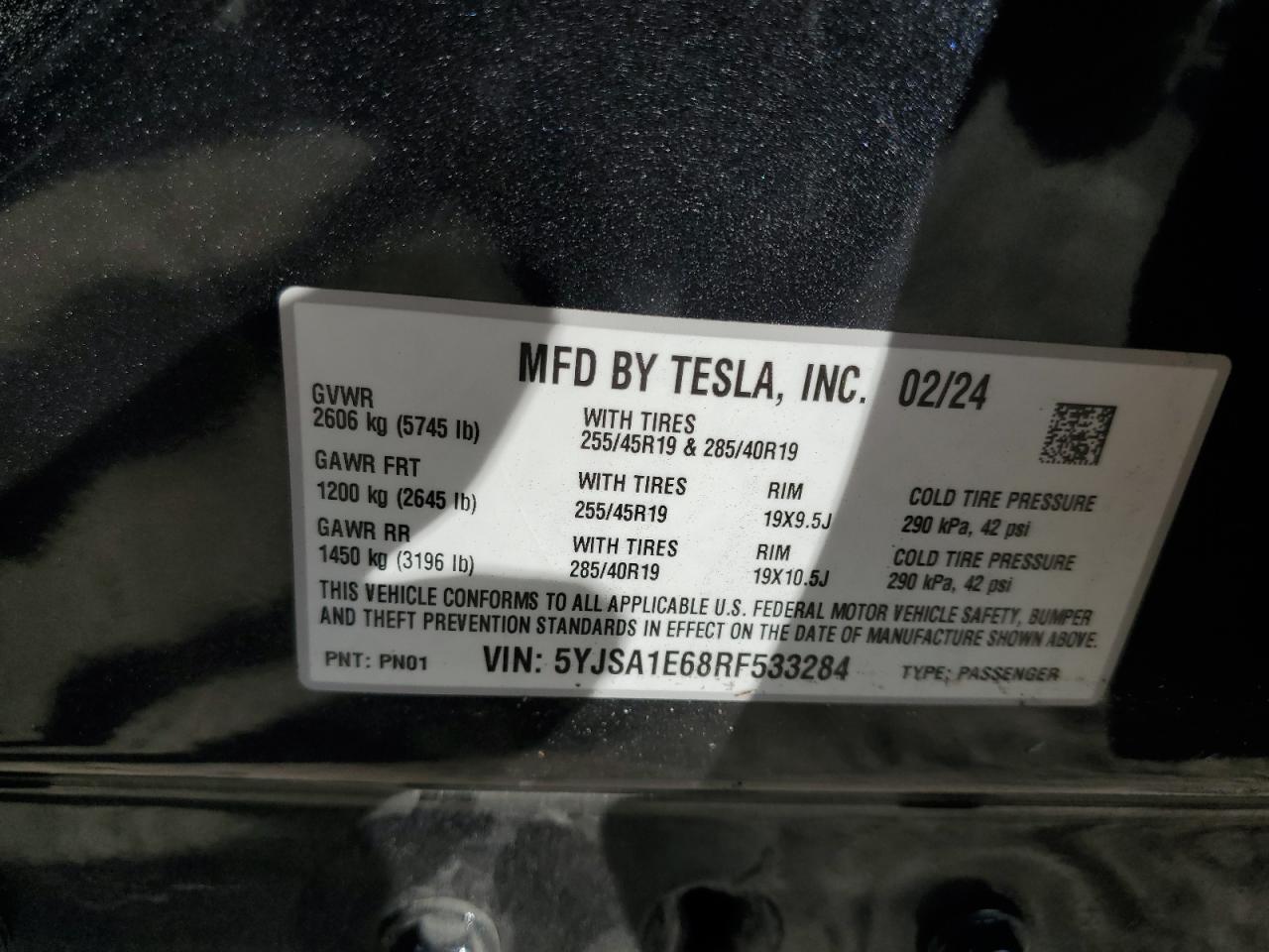 2024 Tesla Model S VIN: 5YJSA1E68RF533284 Lot: 93357225