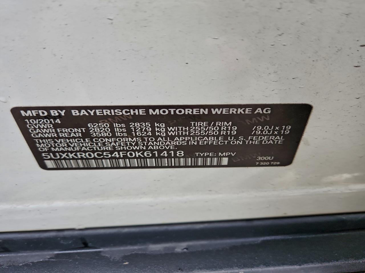 2015 BMW X5 xDrive35I VIN: 5UXKR0C54F0K61418 Lot: 93341325