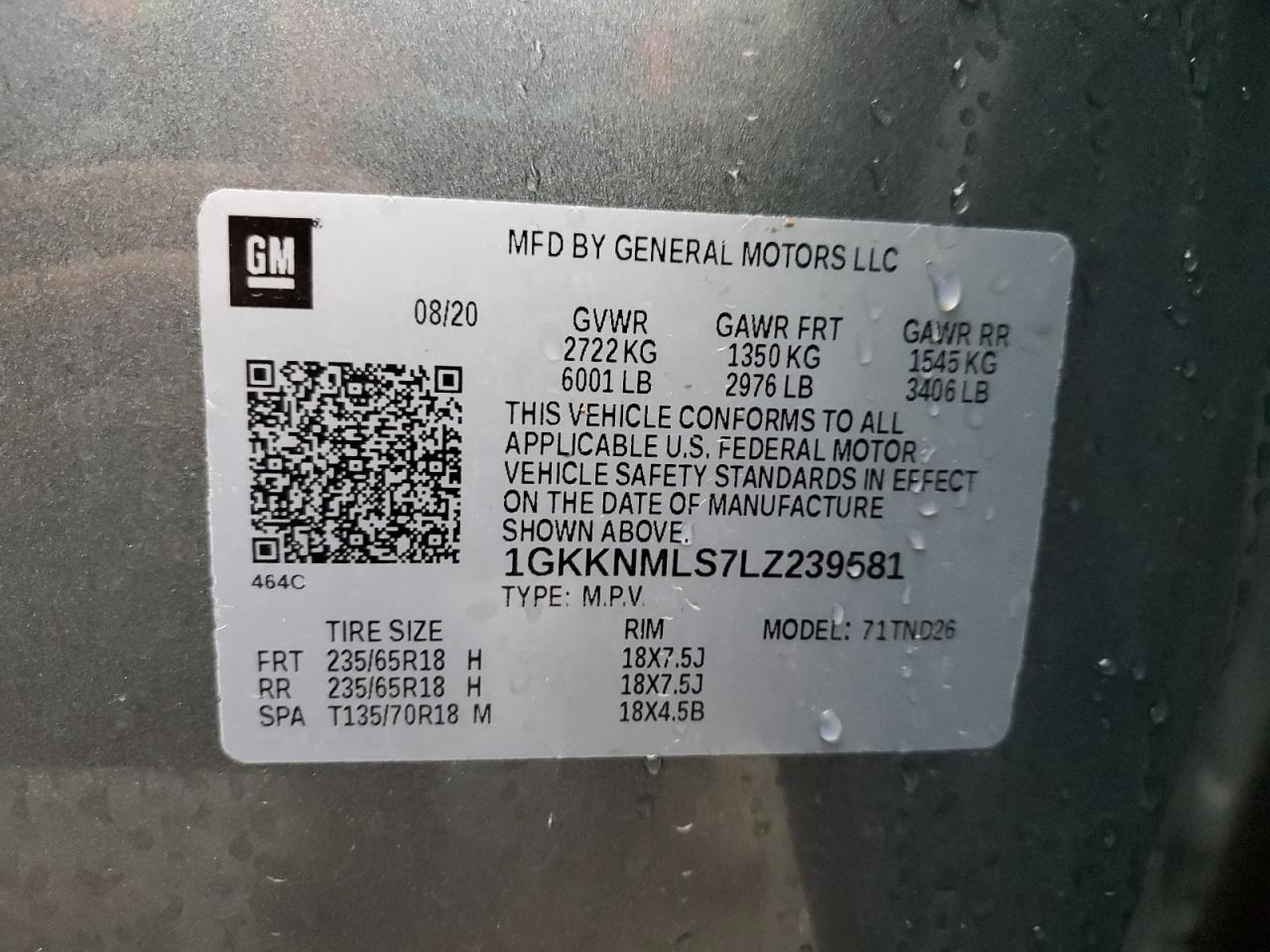 2020 GMC Acadia Slt VIN: 1GKKNMLS7LZ239581 Lot: 91491485