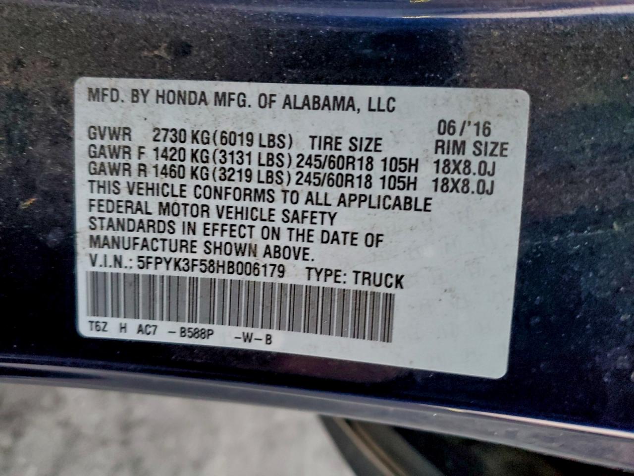 2017 Honda Ridgeline Rtl VIN: 5FPYK3F58HB006179 Lot: 94267995