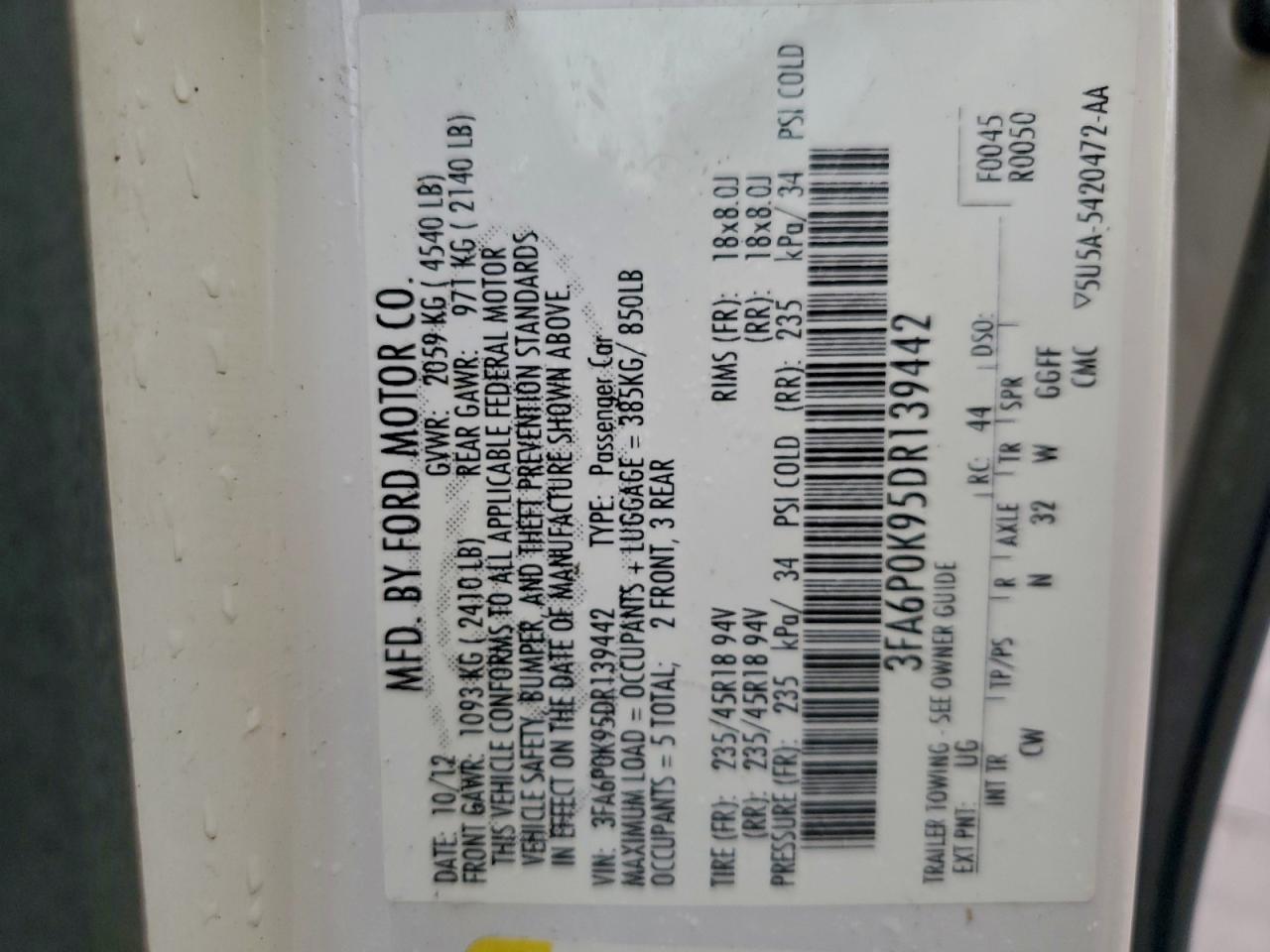 2013 Ford Fusion Titanium VIN: 3FA6P0K95DR139442 Lot: 93846775