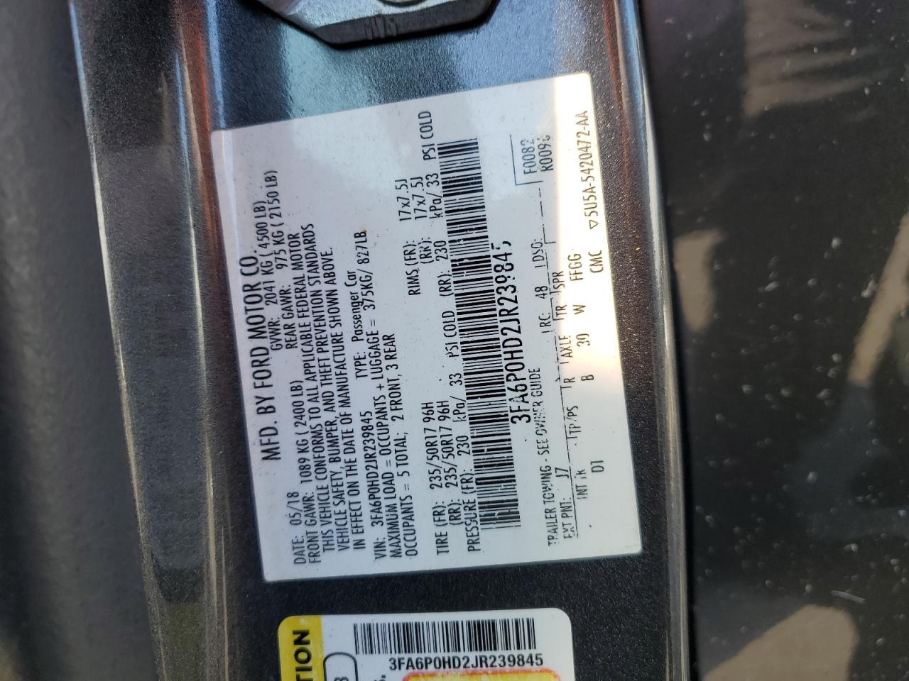 2018 Ford Fusion Se VIN: 3FA6P0HD2JR239845 Lot: 92889435