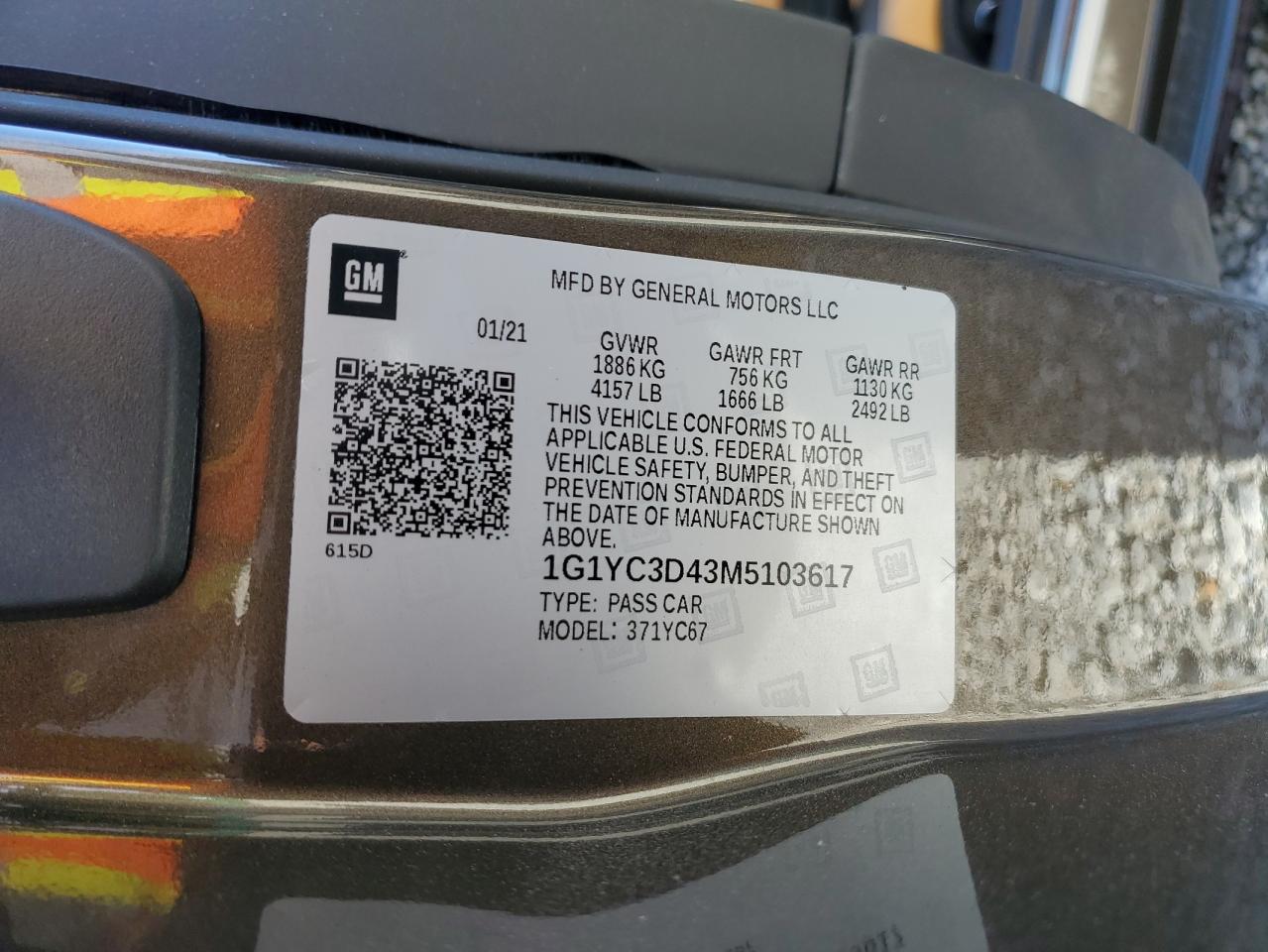 2021 Chevrolet Corvette Stingray 3Lt VIN: 1G1YC3D43M5103617 Lot: 91884185