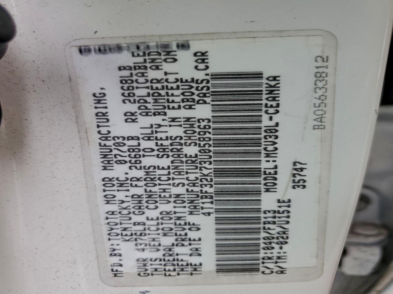 2003 Toyota Camry Le VIN: 4T1BF32K73U058963 Lot: 94373195