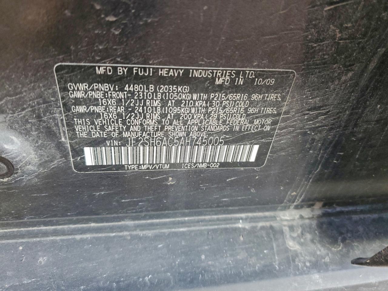 2010 Subaru Forester 2.5X VIN: JF2SH6AC5AH745005 Lot: 93706925