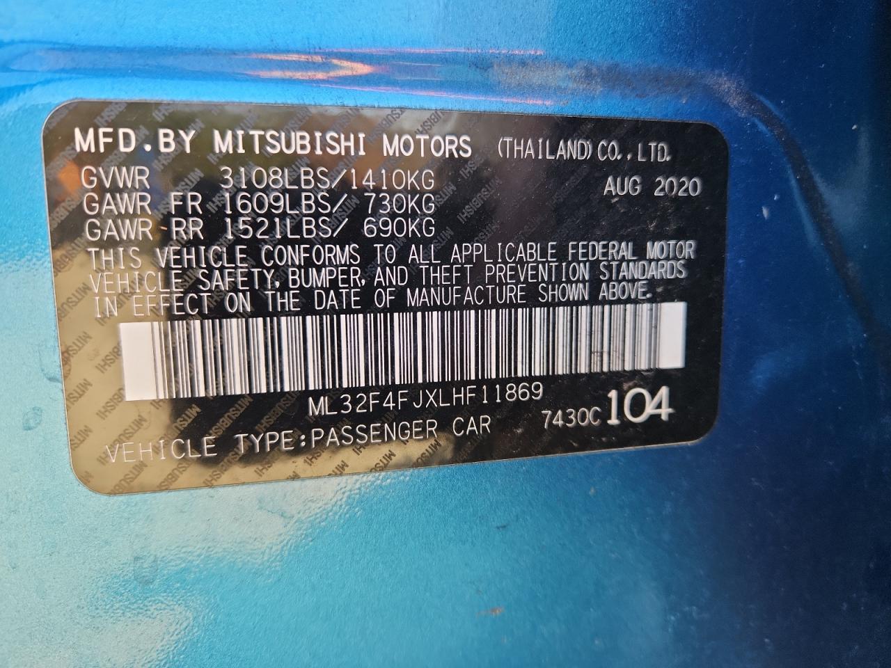 2020 Mitsubishi Mirage G4 Se VIN: ML32F4FJXLHF11869 Lot: 91957805