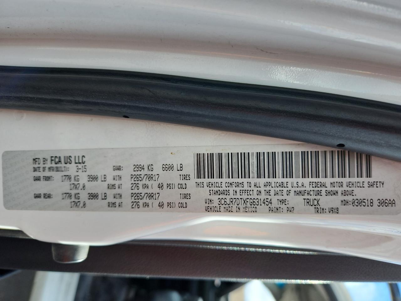 2015 Ram 1500 St VIN: 3C6JR7DTXFG631454 Lot: 89806875