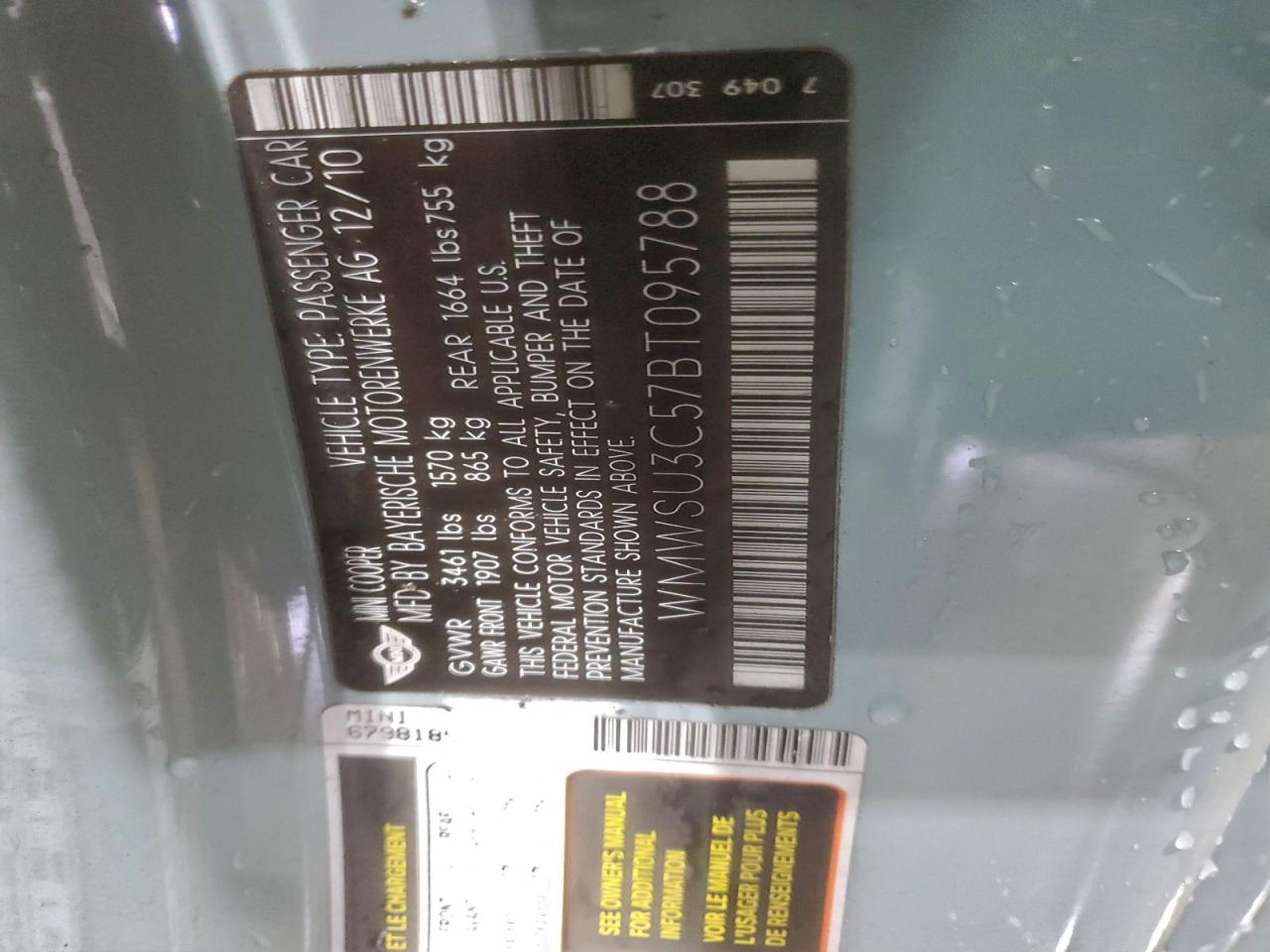 2011 Mini Cooper VIN: WMWSU3C57BT095788 Lot: 93442235