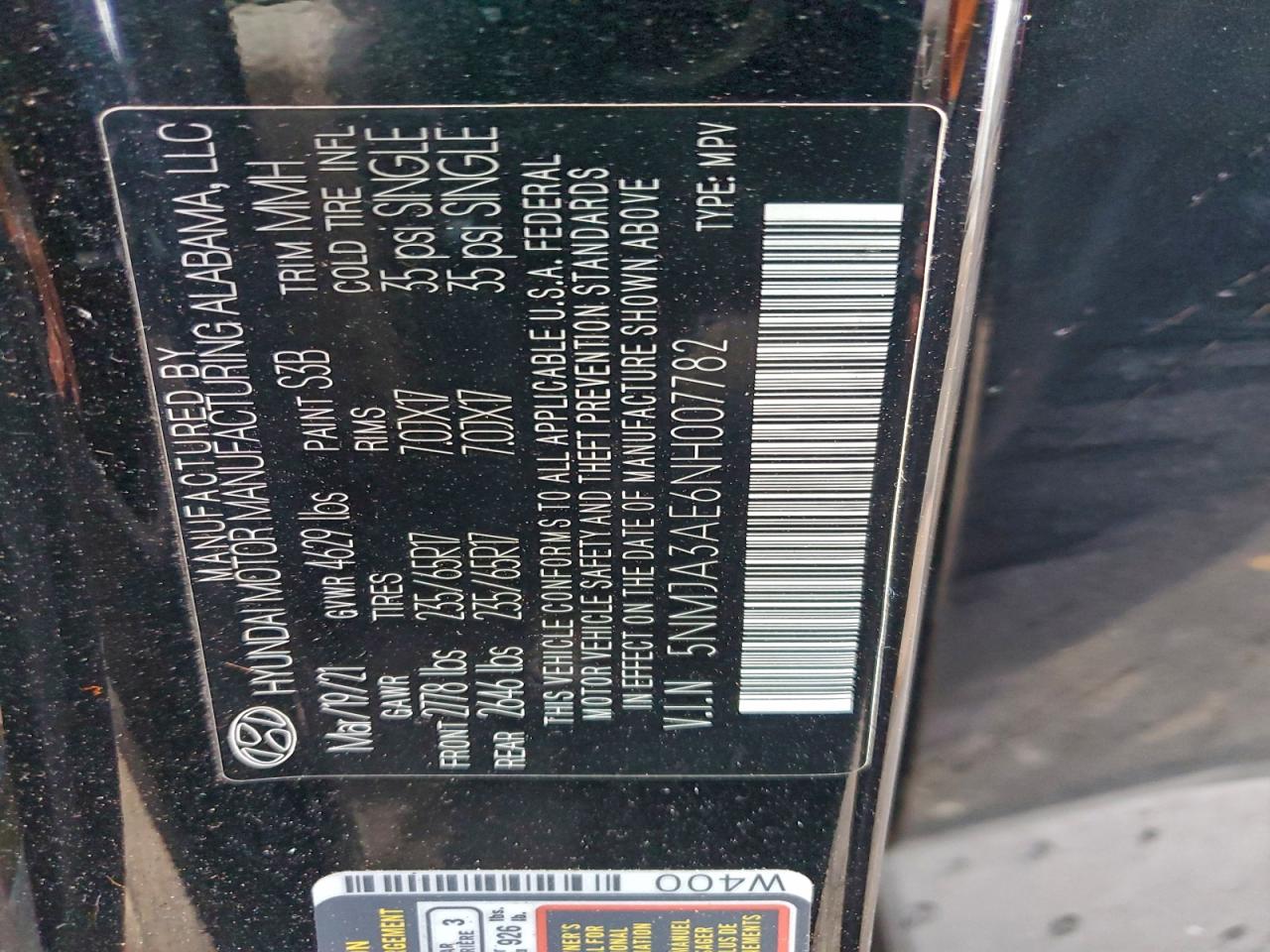 2022 Hyundai Tucson Se VIN: 5NMJA3AE6NH007782 Lot: 94635425