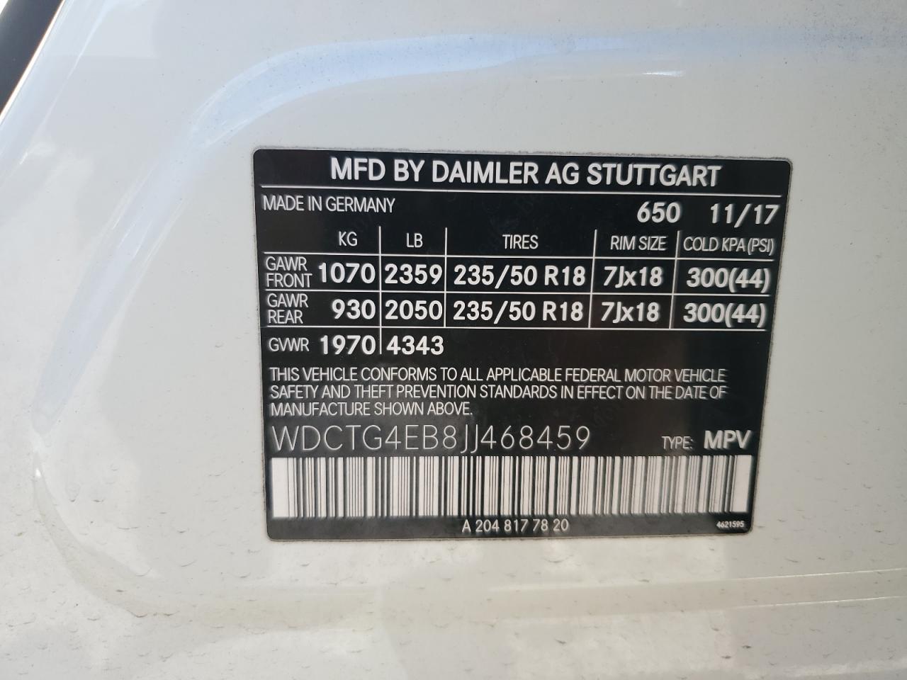 2018 Mercedes-Benz Gla 250 VIN: WDCTG4EB8JJ468459 Lot: 93100065