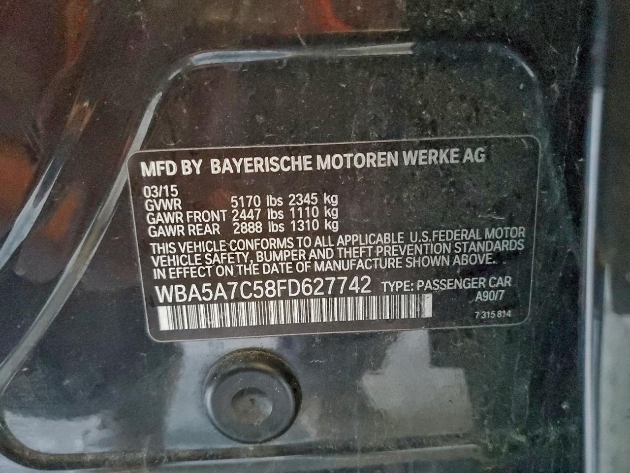 2015 BMW 528 Xi VIN: WBA5A7C58FD627742 Lot: 93784555