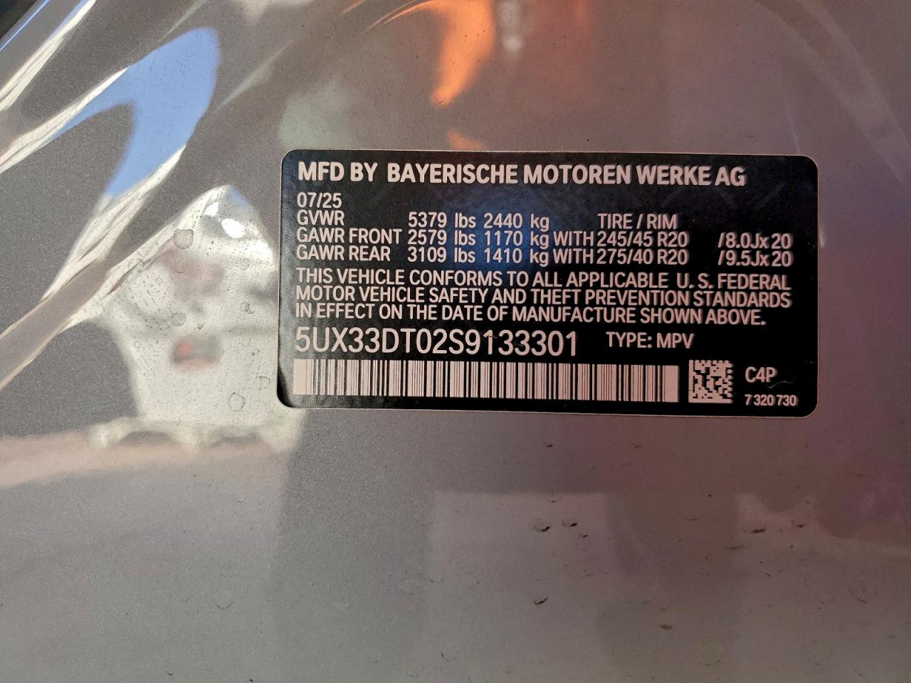 2025 BMW X4 xDrive30I VIN: 5UX33DT02S9133301 Lot: 94582485