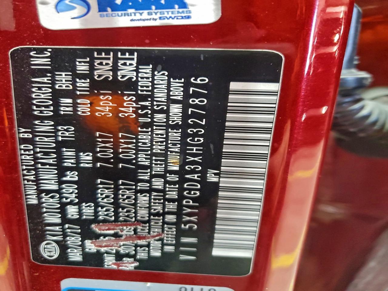 2017 Kia Sorento Lx VIN: 5XYPGDA3XHG327876 Lot: 94452805