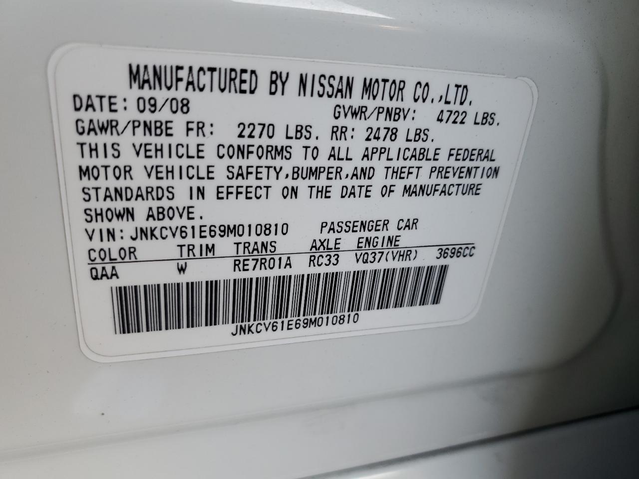 2009 Infiniti G37 Base VIN: JNKCV61E69M010810 Lot: 91026905