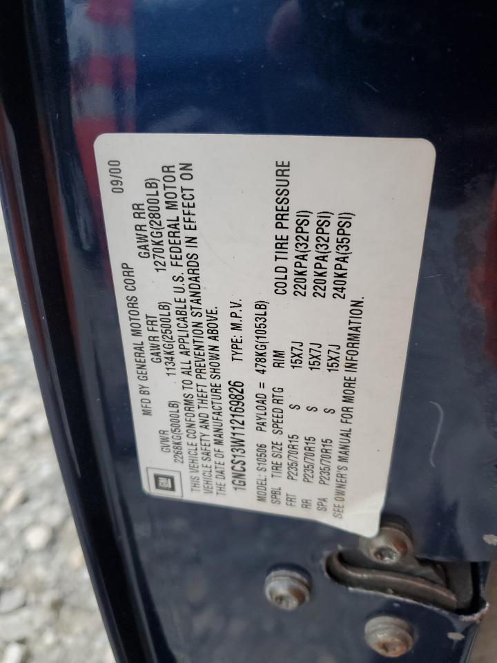 2001 Chevrolet Blazer VIN: 1GNCS13W112169826 Lot: 91875495