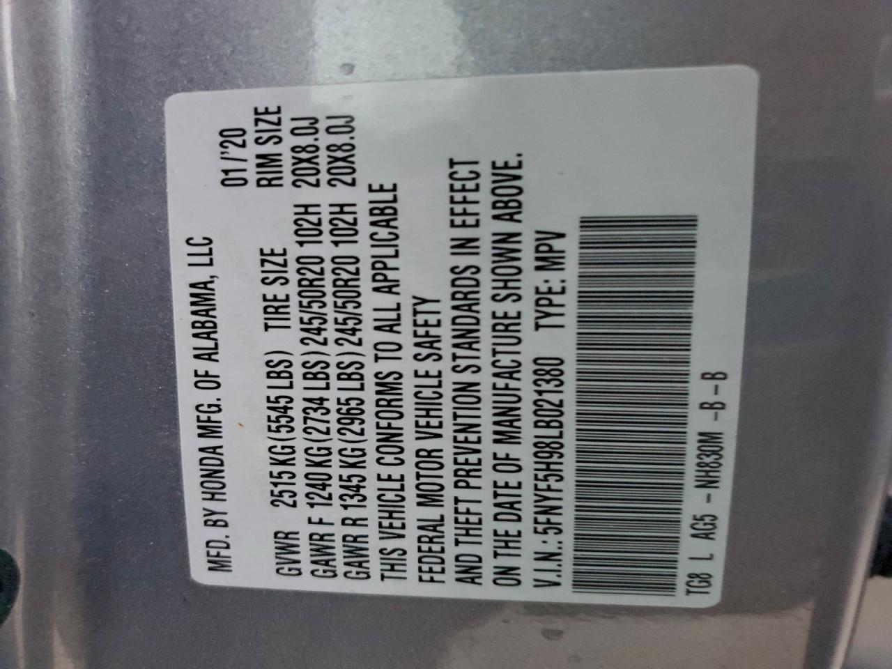 2020 Honda Pilot Touring VIN: 5FNYF5H98LB021380 Lot: 92709435