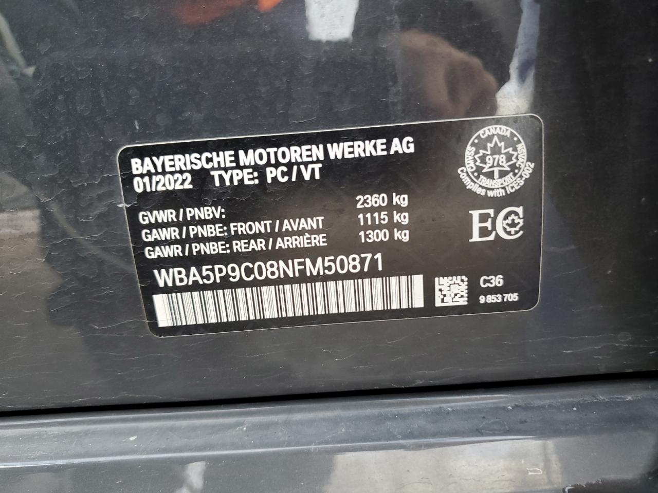 2022 BMW 330Xe VIN: WBA5P9C08NFM50871 Lot: 92184905