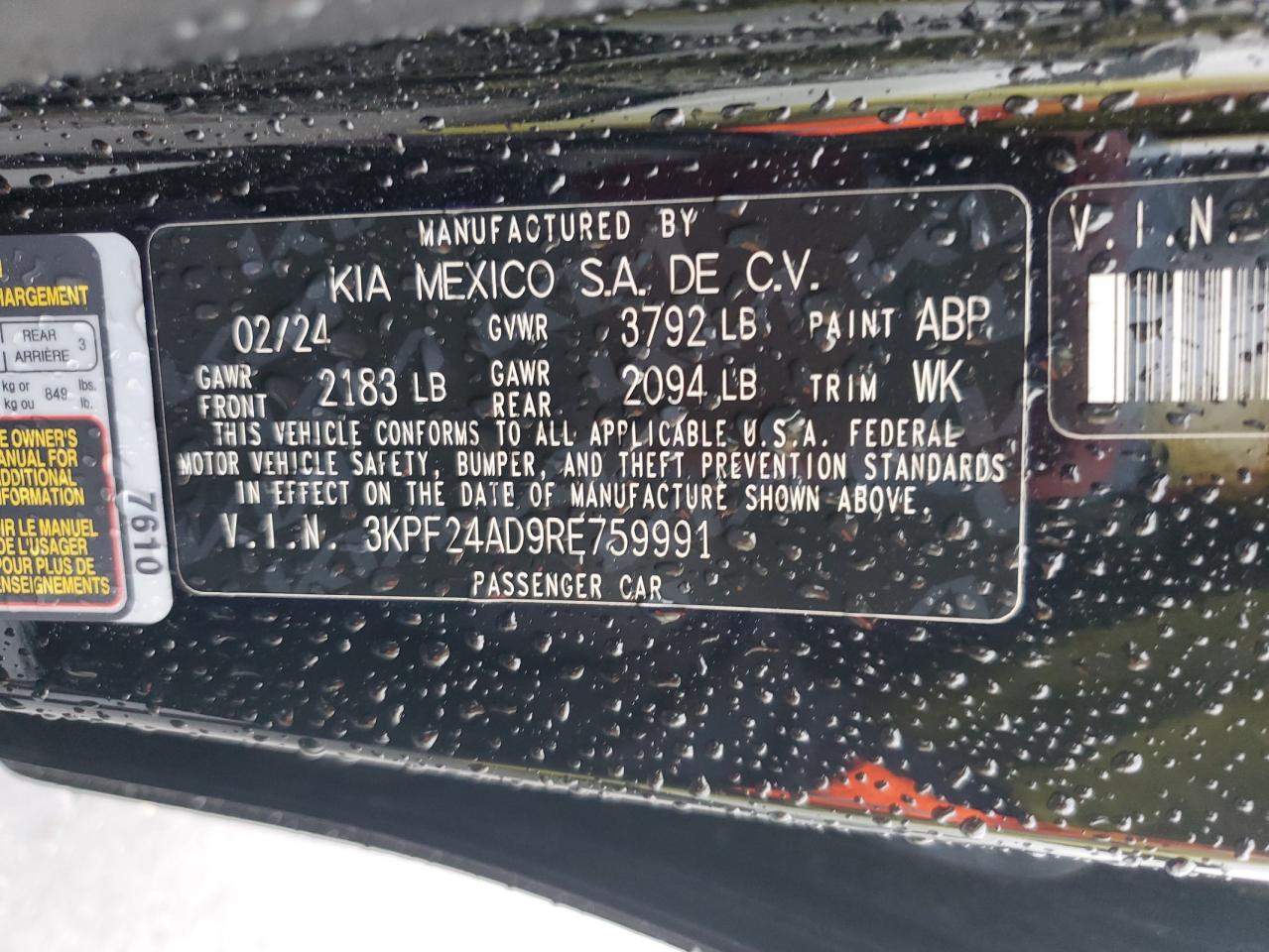 2024 Kia Forte Lx VIN: 3KPF24AD9RE759991 Lot: 92631705