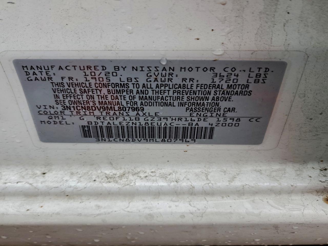 2021 Nissan Versa S VIN: 3N1CN8DV9ML807969 Lot: 94311675