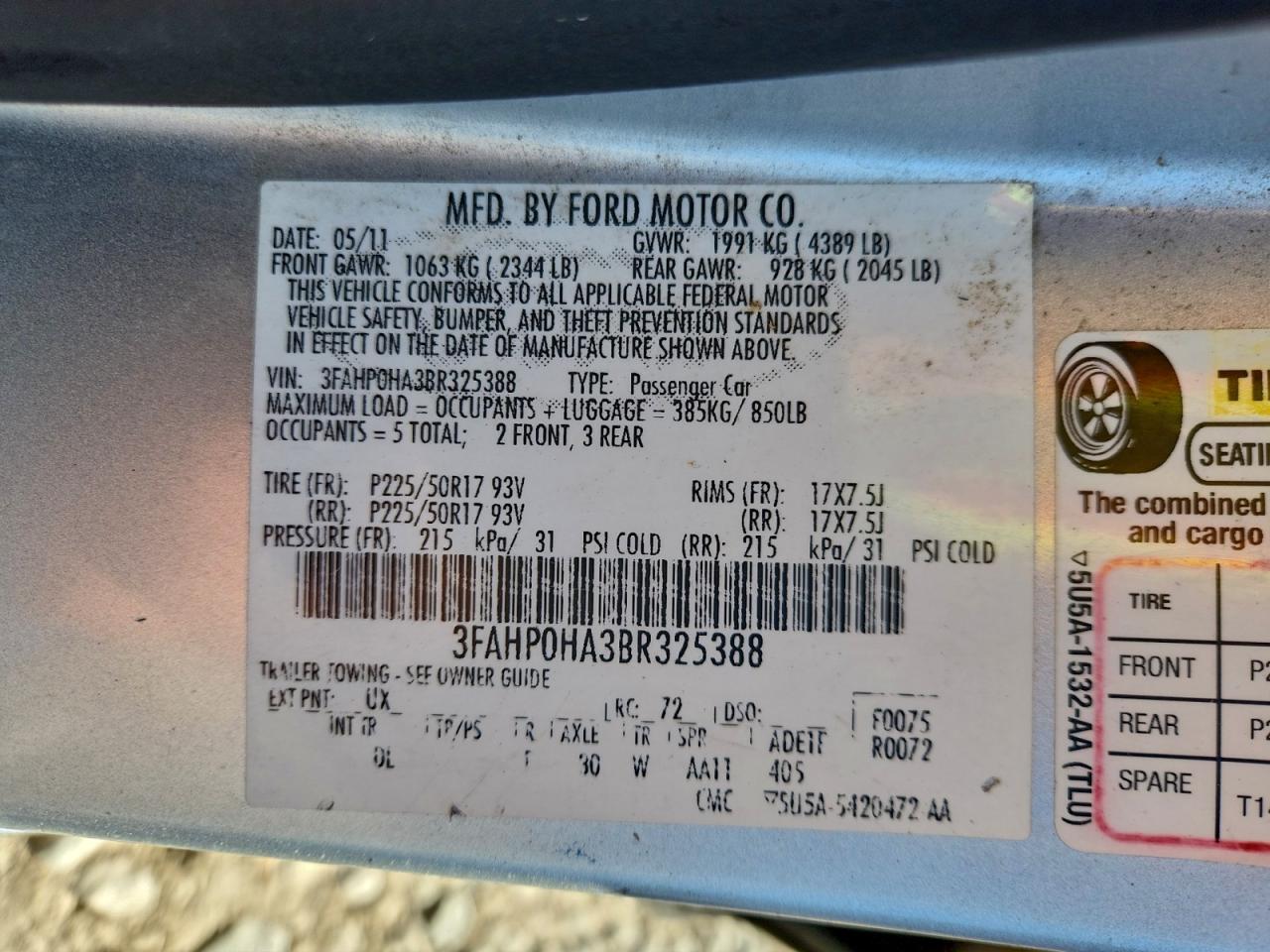 2011 Ford Fusion Se VIN: 3FAHP0HA3BR325388 Lot: 94135345