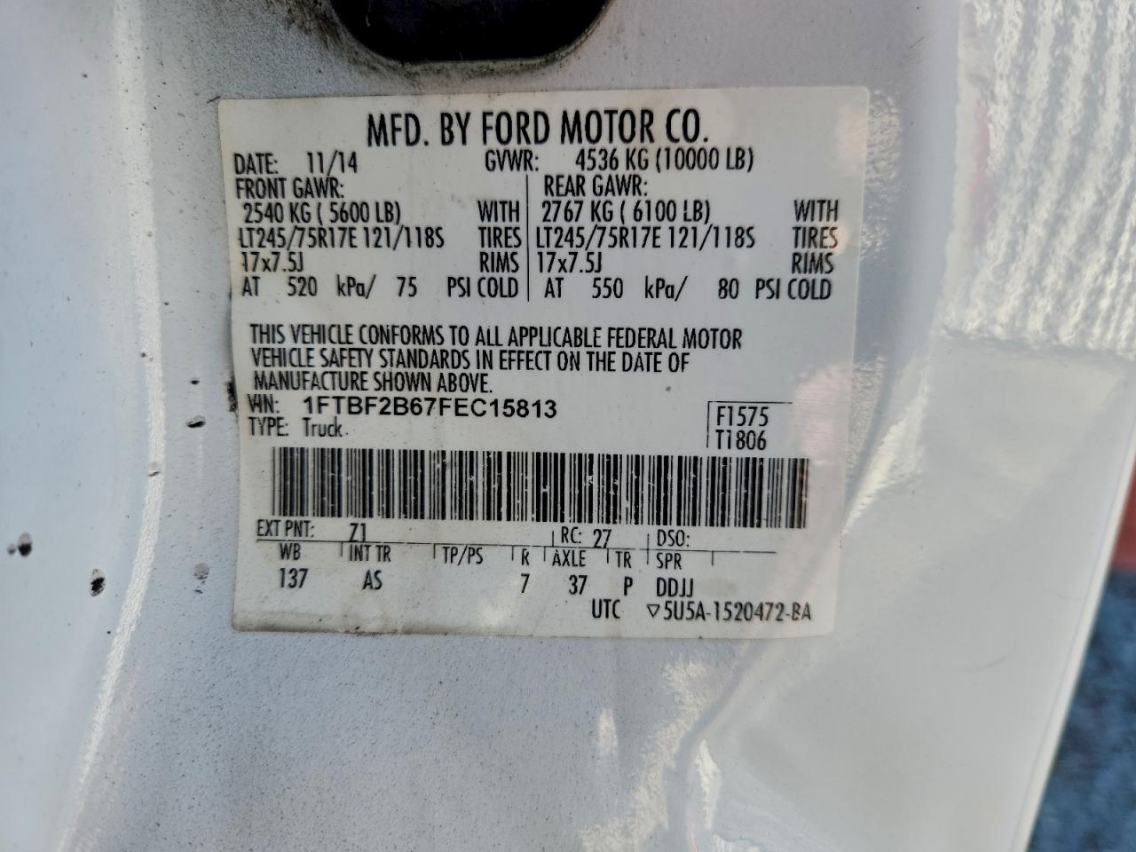 2015 Ford F250 Super Duty VIN: 1FTBF2B67FEC15813 Lot: 91619555