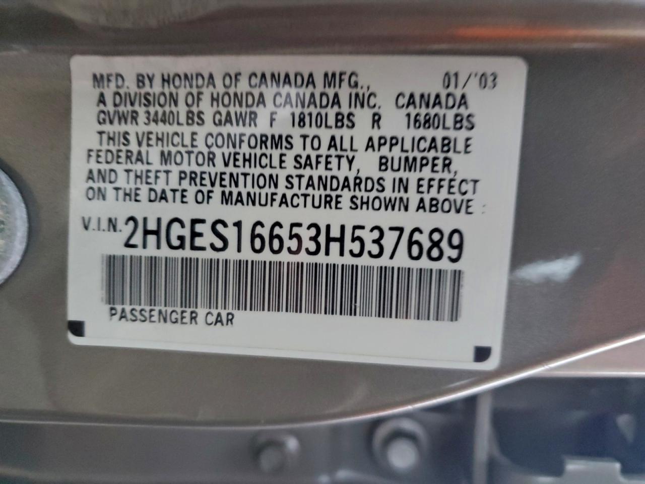 2003 Honda Civic Lx VIN: 2HGES16653H537689 Lot: 94099685