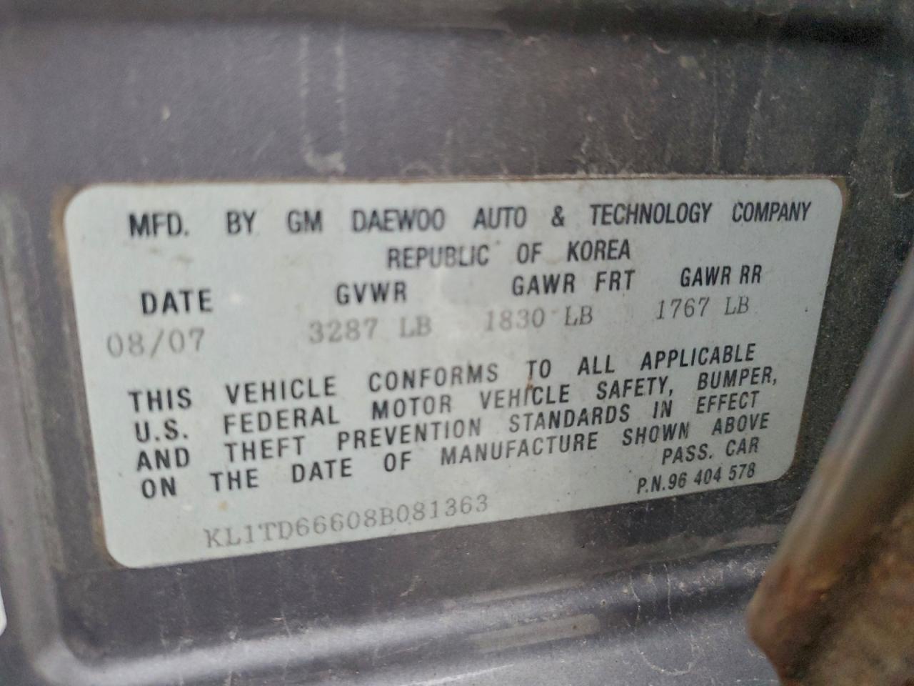 2008 Chevrolet Aveo Base VIN: KL1TD66608B081363 Lot: 93743745