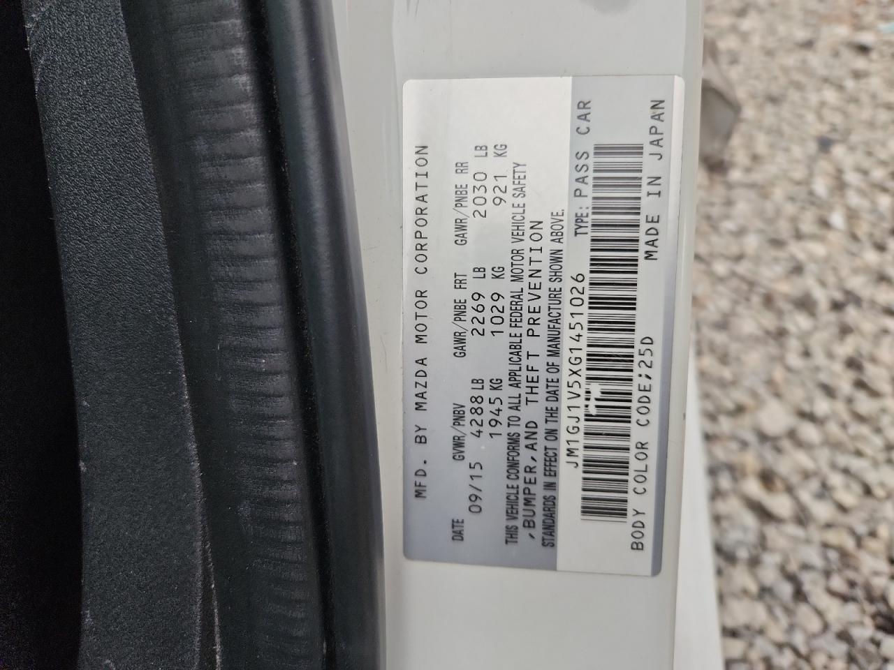 2016 Mazda 6 Touring VIN: JM1GJ1V5XG1451026 Lot: 93324495