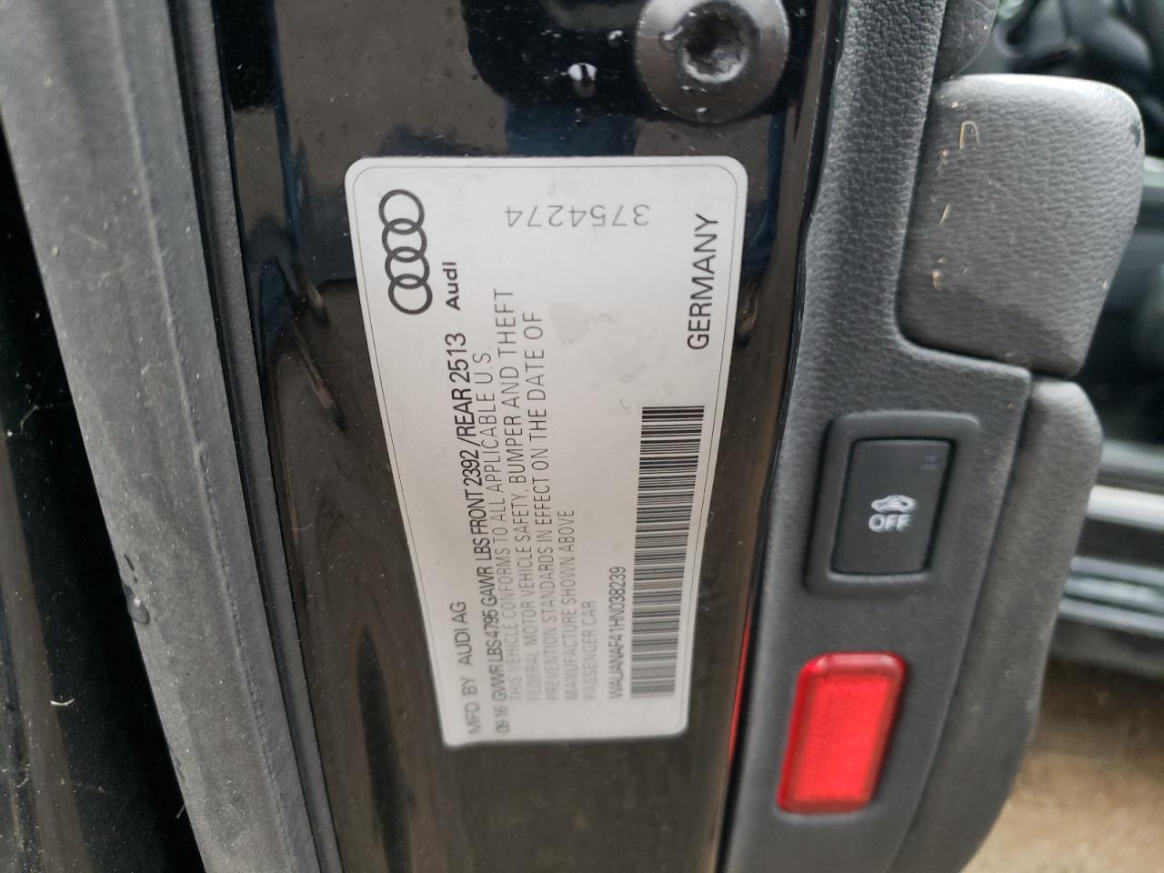 2017 Audi A4 Premium VIN: WAUANAF41HN038239 Lot: 91347425