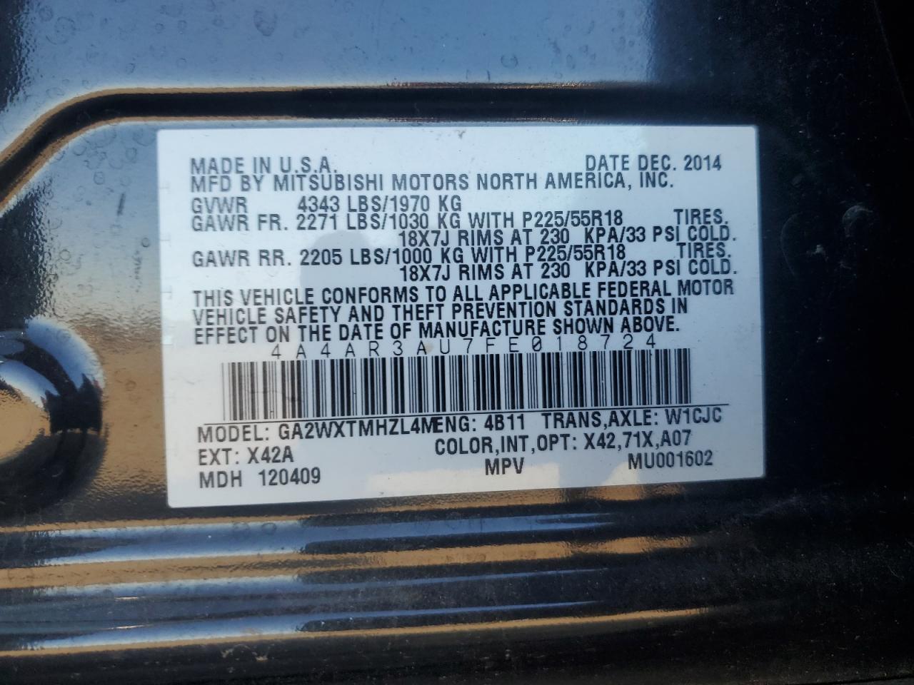 2015 Mitsubishi Outlander Sport Es VIN: 4A4AR3AU7FE018724 Lot: 92569085