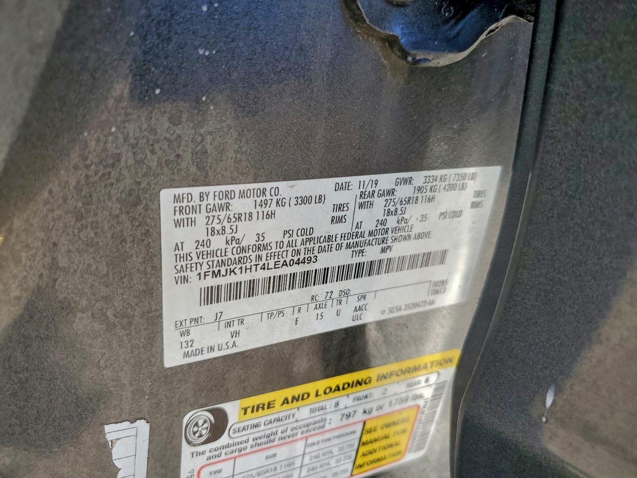 2020 Ford Expedition Max Xlt VIN: 1FMJK1HT4LEA04493 Lot: 92780075