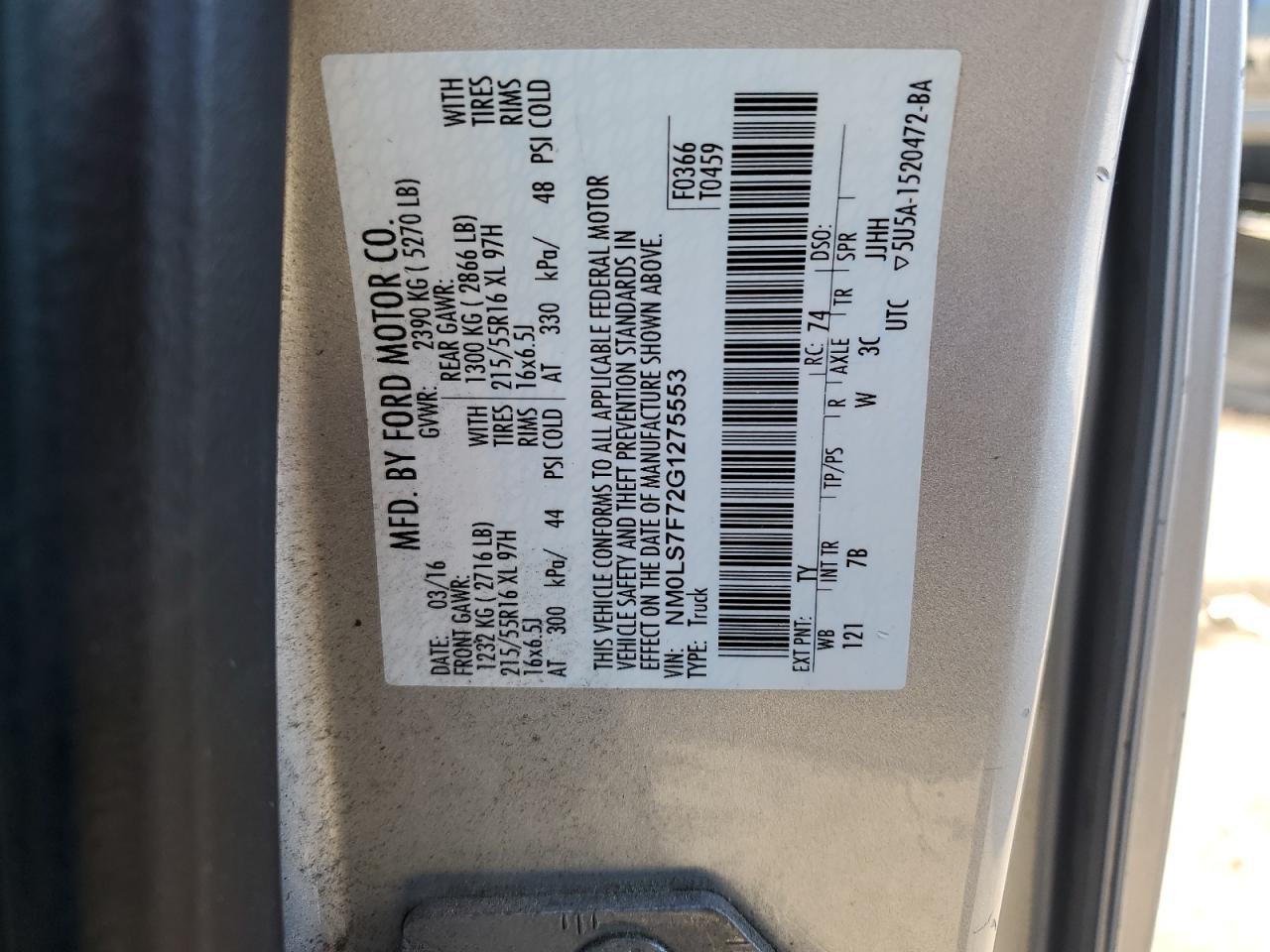 2016 Ford Transit Connect Delivery Van VIN: NM0LS7F72G1275553 Lot: 91490575