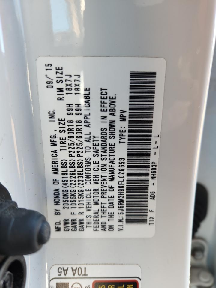 2015 Honda Cr-V Touring VIN: 5J6RM3H96FL026653 Lot: 91394435