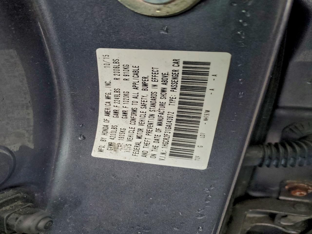 2016 Honda Accord Lx VIN: 1HGCR2F31GA043672 Lot: 94584265