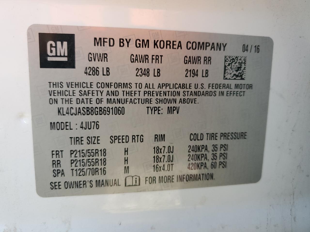 2016 Buick Encore VIN: KL4CJASB8GB691060 Lot: 85411775