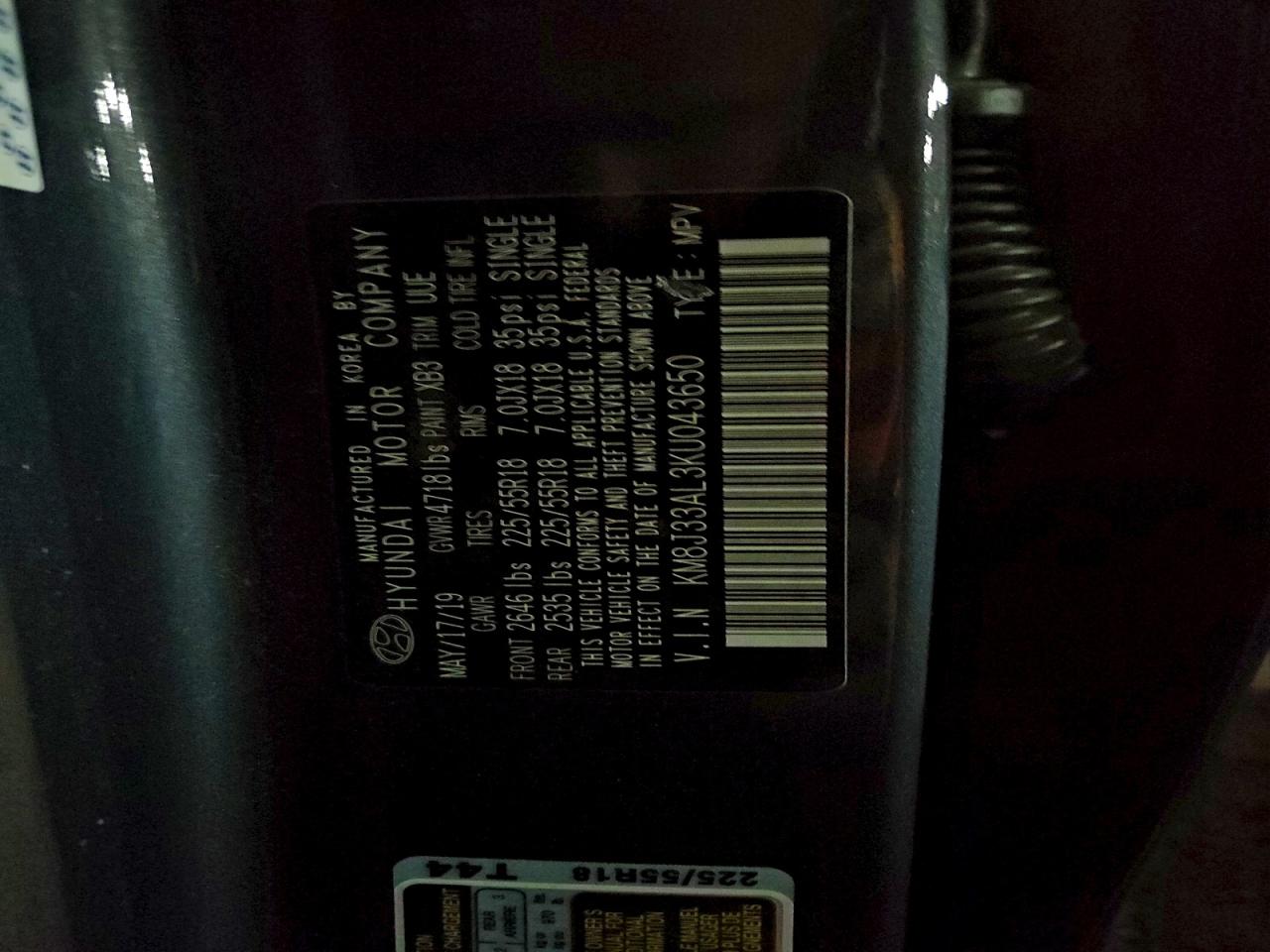 2019 Hyundai Tucson Limited VIN: KM8J33AL3KU043650 Lot: 92757985