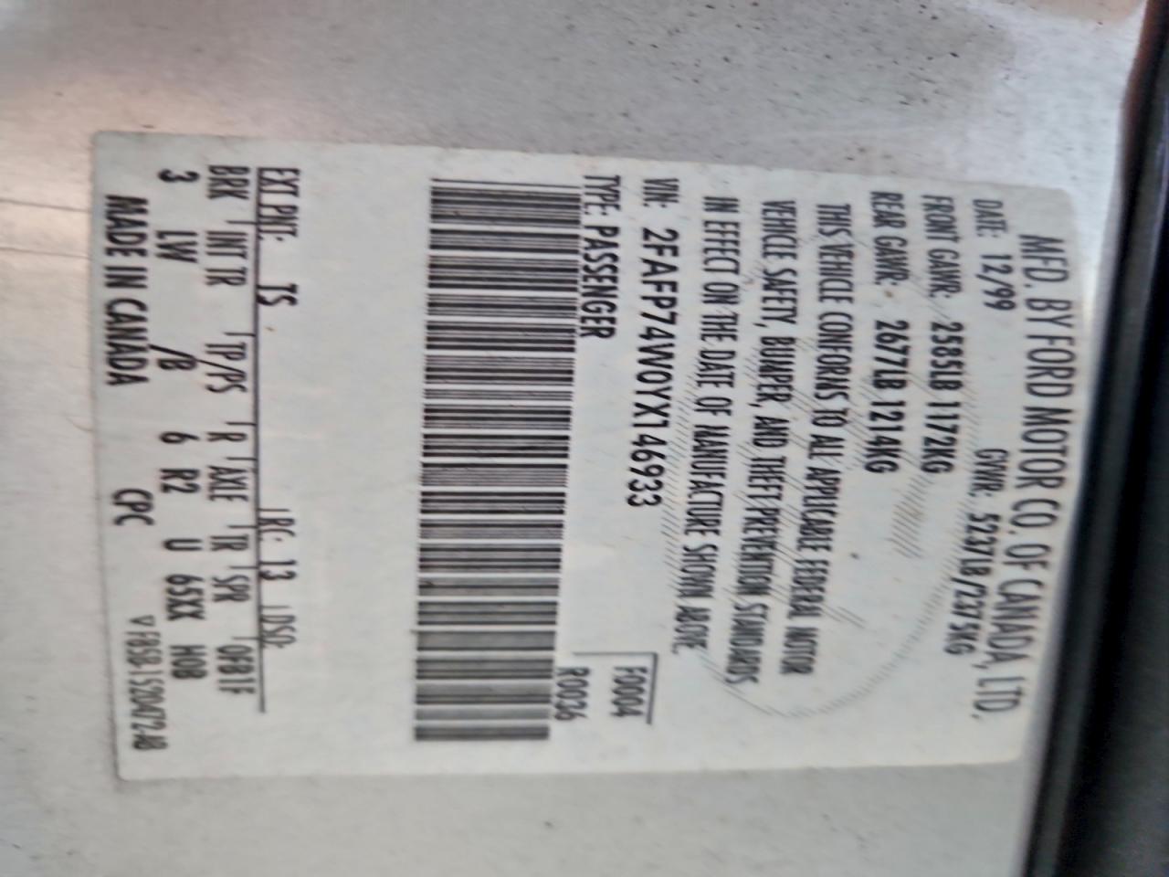 2000 Ford Crown Victoria Lx VIN: 2FAFP74W0YX146933 Lot: 94311455