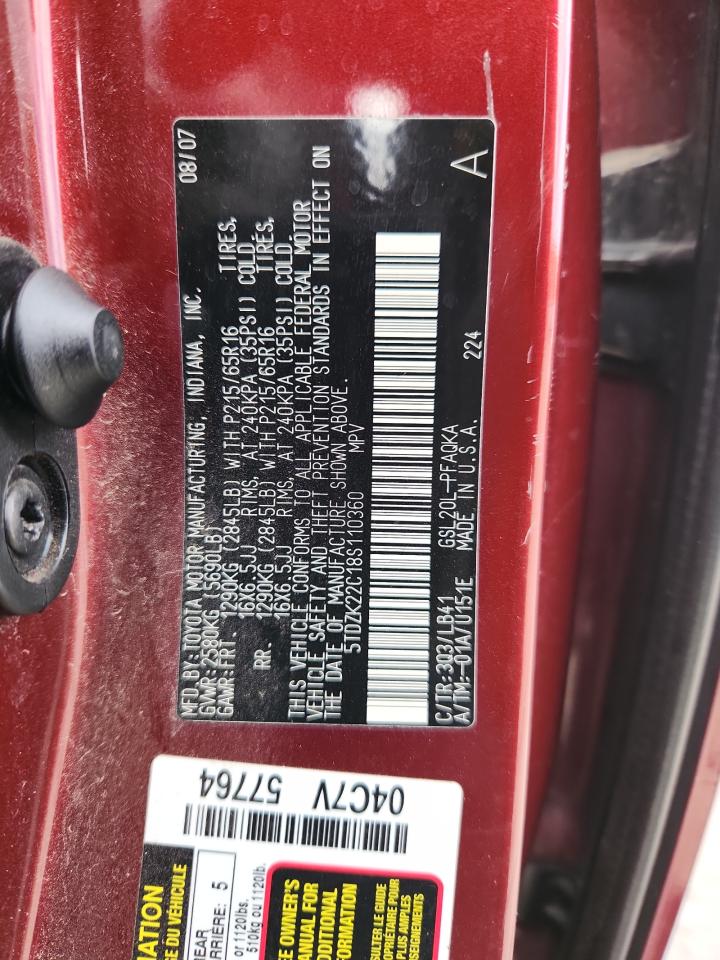 2008 Toyota Sienna Xle VIN: 5TDZK22C18S110360 Lot: 69656265