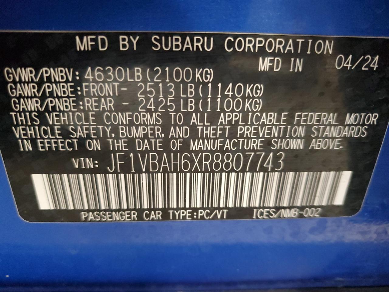 2024 Subaru Wrx Premium VIN: JF1VBAH6XR8807743 Lot: 93029535