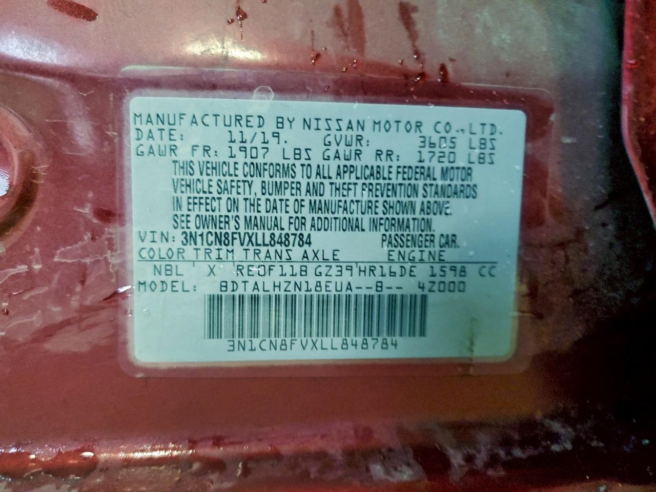 2020 Nissan Versa Sr VIN: 3N1CN8FVXLL848784 Lot: 94335265