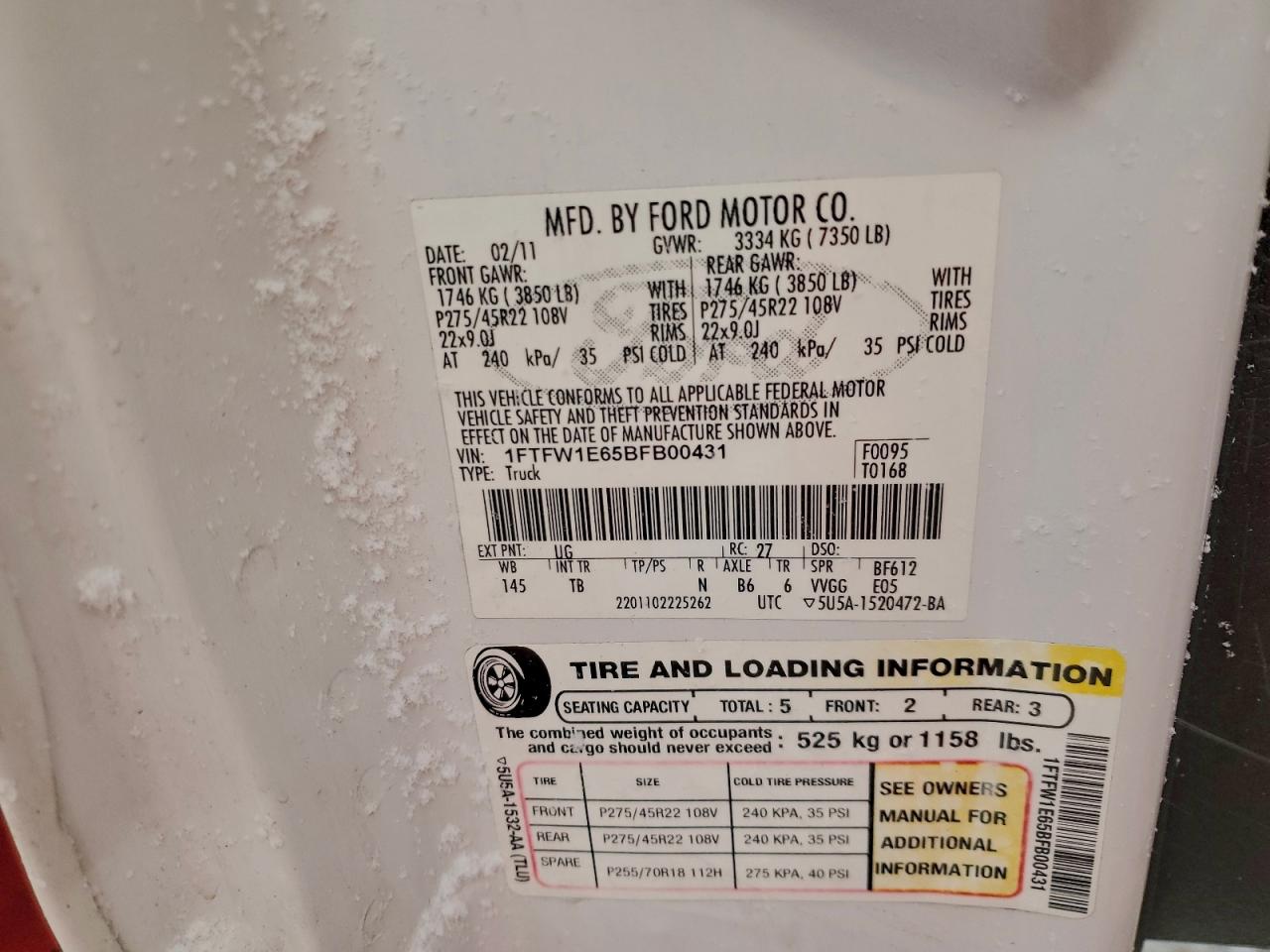 2011 Ford F150 Supercrew VIN: 1FTFW1E65BFB00431 Lot: 94242585