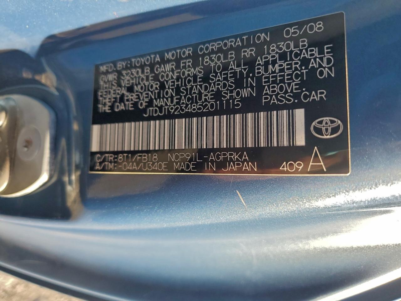 2008 Toyota Yaris VIN: JTDJT923485201115 Lot: 94708925