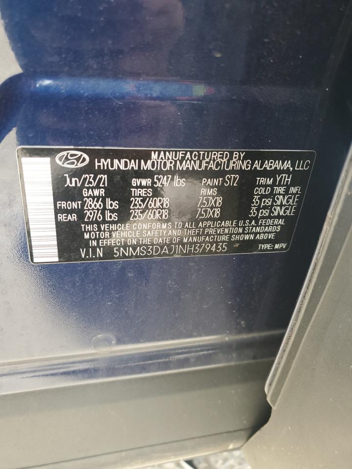 2022 Hyundai Santa Fe Sel VIN: 5NMS3DAJ1NH379435 Lot: 91720055