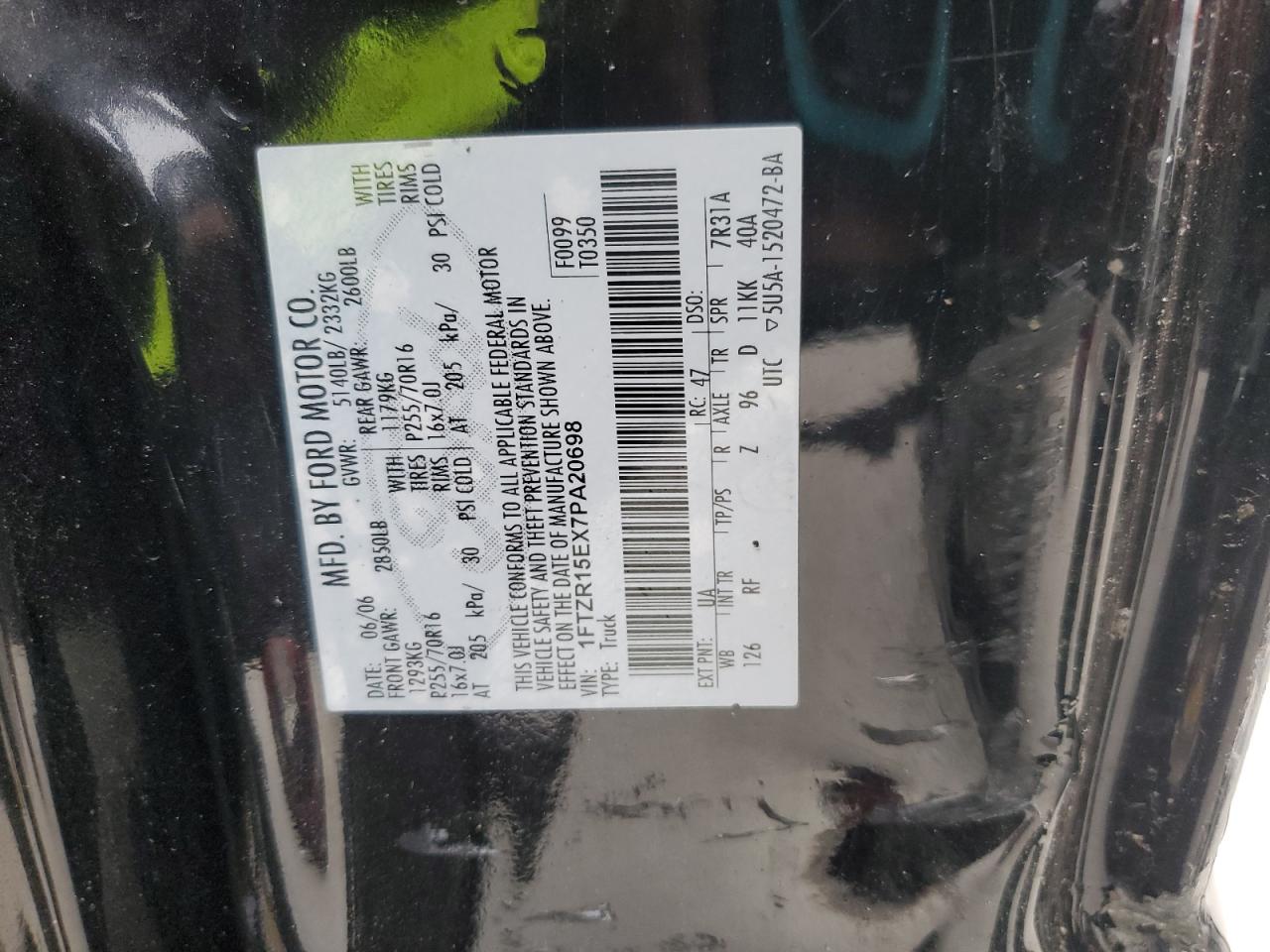 2007 Ford Ranger Super Cab VIN: 1FTZR15EX7PA20698 Lot: 90609895